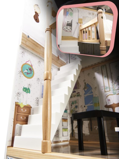 Drewniany domek dla lalek XXL – 3 piętra, mebelki, LED, 122 cm