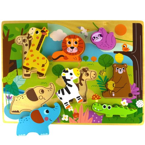 Drewniane puzzle Montessori – zwierzątka safari ZOO, dopasuj kształty