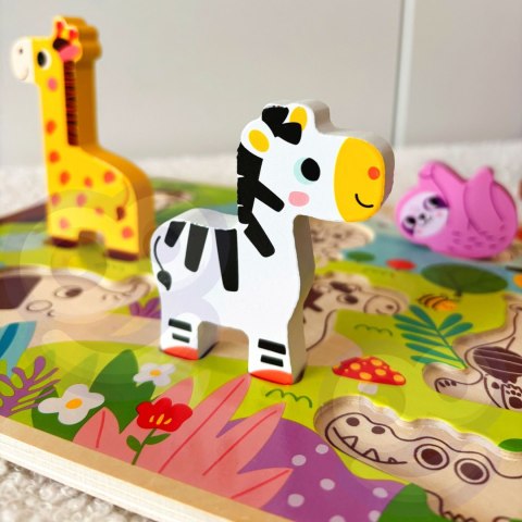 Drewniane puzzle Montessori – zwierzątka safari ZOO, dopasuj kształty