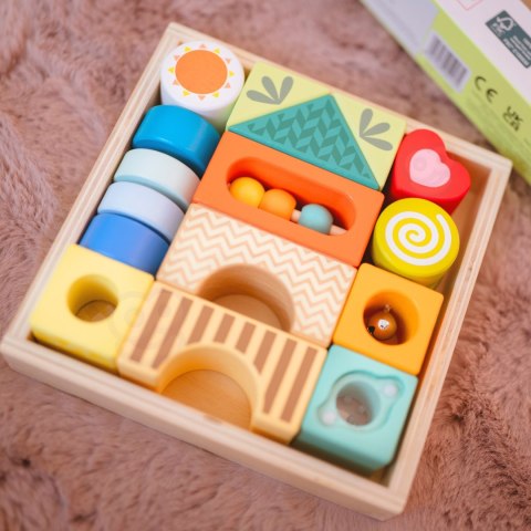 Drewniane klocki sensoryczne – 7 funkcji, układanka Montessori, 14 el.