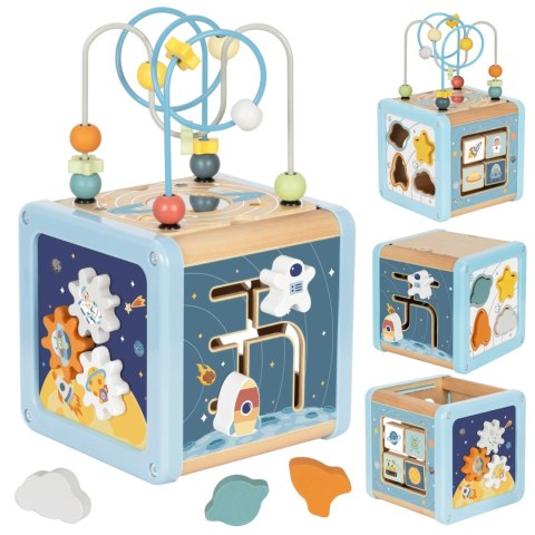 Drewniana kostka aktywności Kosmos – sorter, labirynt, zębatki, suwaki