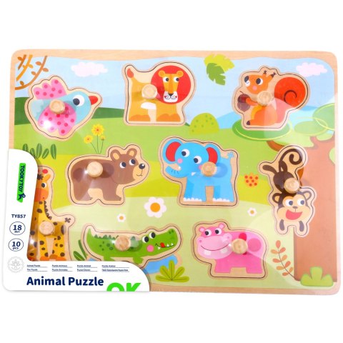 Drewniane puzzle Montessori – zwierzęta z pinezkami do dopasowania Drewniane puzzle Montessori – zwierzęta z pinezkami do dopasowania