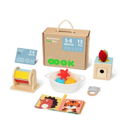 Drewniany edukacyjny box Montessori 6w1 – sensoryczna walizka dla niemowląt