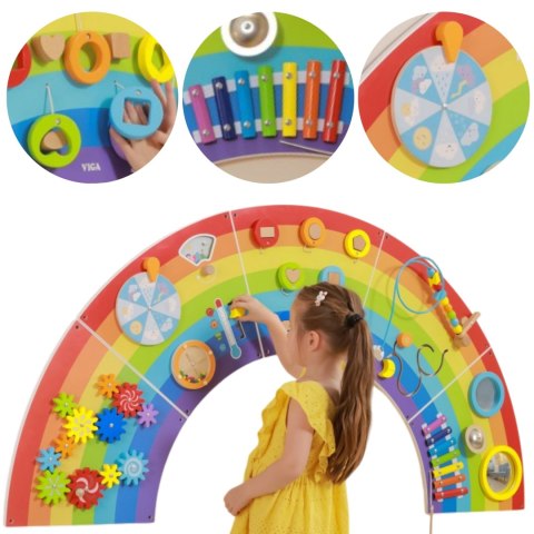 Drewniana tablica sensoryczno-manipulacyjna tęcza EDU z certyfikatem FSC – 12 aktywności, Montessori
