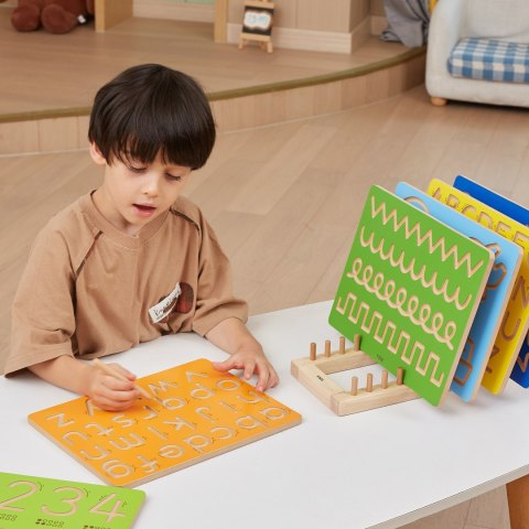 Drewniany stojak na tablice i puzzle – pionowy organizer