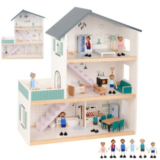 Duży drewniany domek dla lalek z figurkami i meblami – nowoczesny design FSC