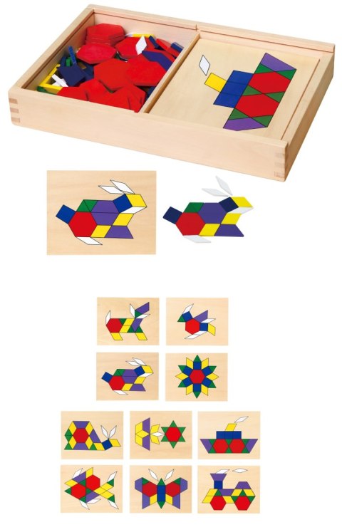 Drewniana Mozaika Geometryczna – Układanka Logiczna Montessori 148 elementów + 10 plansz