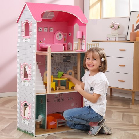 Duży drewniany domek dla lalek – 3 piętra, mebelki, winda