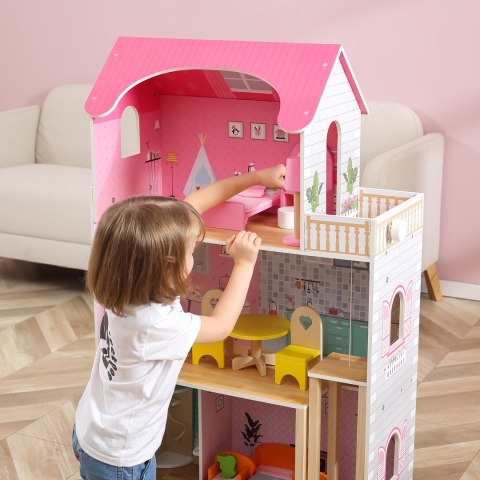 Duży drewniany domek dla lalek – 3 piętra, mebelki, winda