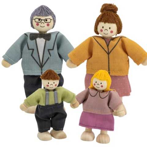 Drewniana rodzina laleczek z materiałowymi ubrankami – 4 figurki