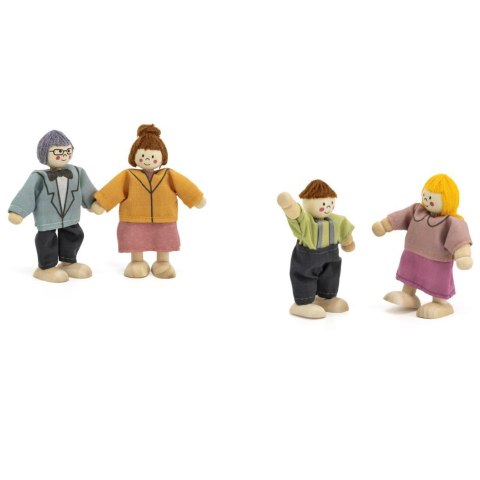 Drewniana rodzina laleczek z materiałowymi ubrankami – 4 figurki