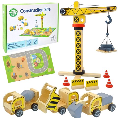 Drewniany Plac Budowy 5w1 – dźwig XXL i pojazdy budowlane, 13 elementów Drewniany Plac Budowy 5w1 – dźwig XXL i pojazdy budowlane, 13 elementów