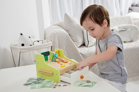 Drewniana kasa sklepowa dla dzieci – edukacyjna zabawka do nauki liczenia Drewniana kasa sklepowa dla dzieci – edukacyjna zabawka do nauki liczenia