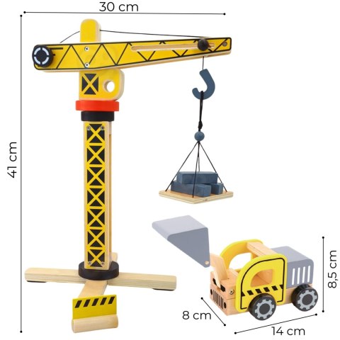 Drewniany Plac Budowy 5w1 – dźwig XXL i pojazdy budowlane, 13 elementów Drewniany Plac Budowy 5w1 – dźwig XXL i pojazdy budowlane, 13 elementów