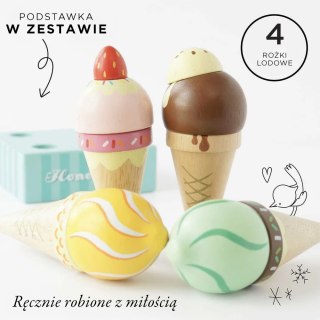 Drewniane lody rożki – zestaw 4 lodów na podstawce
