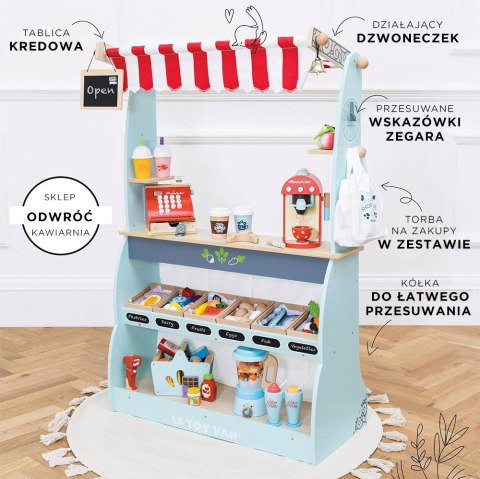 Drewniany sklep i kawiarnia dla dzieci – zabawa w odgrywanie ról Drewniany sklep i kawiarnia dla dzieci – zabawa w odgrywanie ról