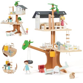 Drewniany domek na drzewie dla lalek – 31 el.