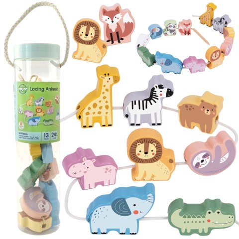 Drewniana nawlekanka klocki – przeplatanka ZOO Montessori, 13 elementów