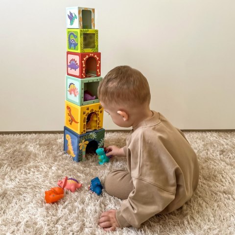 Drewniane klocki edukacyjne – sorter z dinozaurami, 12 elementów