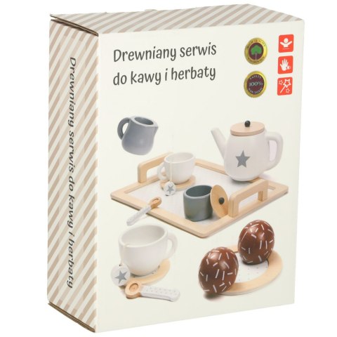 Drewniany serwis kawowy dla dzieci z tacą, filiżankami i akcesoriami Drewniany serwis kawowy dla dzieci z tacą, filiżankami i akcesoriami