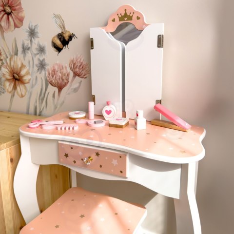 Drewniana Toaletka z Krzesełkiem Składane Lusterko Akcesoria 15 el. Drewniana Toaletka z Krzesełkiem Składane Lusterko Akcesoria 15 el.