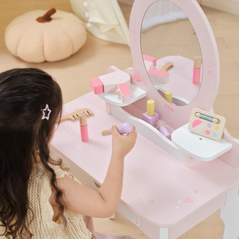 Duża toaletka drewniana biało-różowa z lustrem, krzesełkiem i akcesoriami