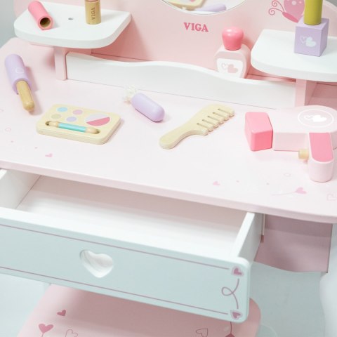 Duża toaletka drewniana biało-różowa z lustrem, krzesełkiem i akcesoriami