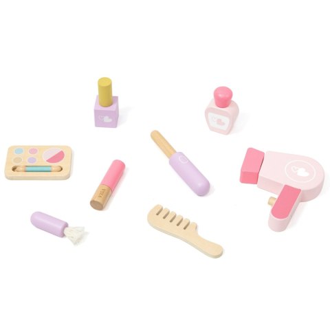 Duża toaletka drewniana biało-różowa z lustrem, krzesełkiem i akcesoriami