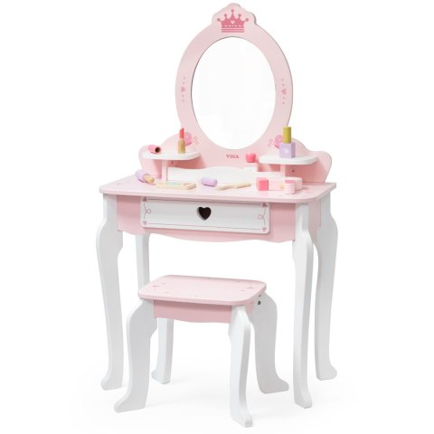 Duża toaletka drewniana biało-różowa z lustrem, krzesełkiem i akcesoriami