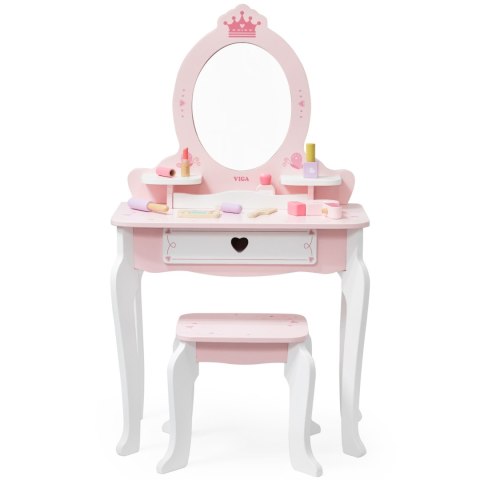 Duża toaletka drewniana biało-różowa z lustrem, krzesełkiem i akcesoriami
