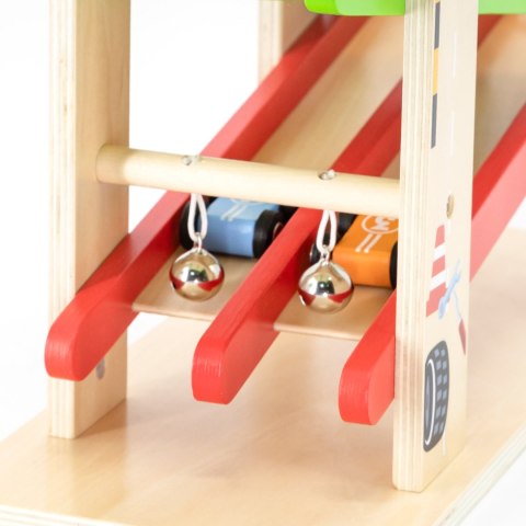 Drewniany tor wyścigowy – podwójna zjeżdżalnia z dzwoneczkami i samochodzikami