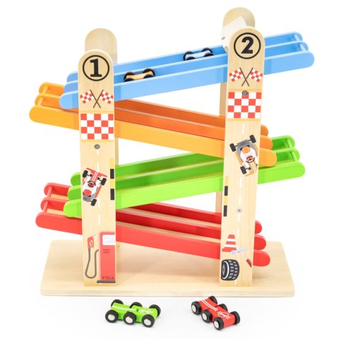 Drewniany tor wyścigowy – podwójna zjeżdżalnia z dzwoneczkami i samochodzikami