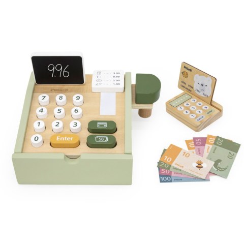 Drewniana kasa sklepowa z akcesoriami – zielona